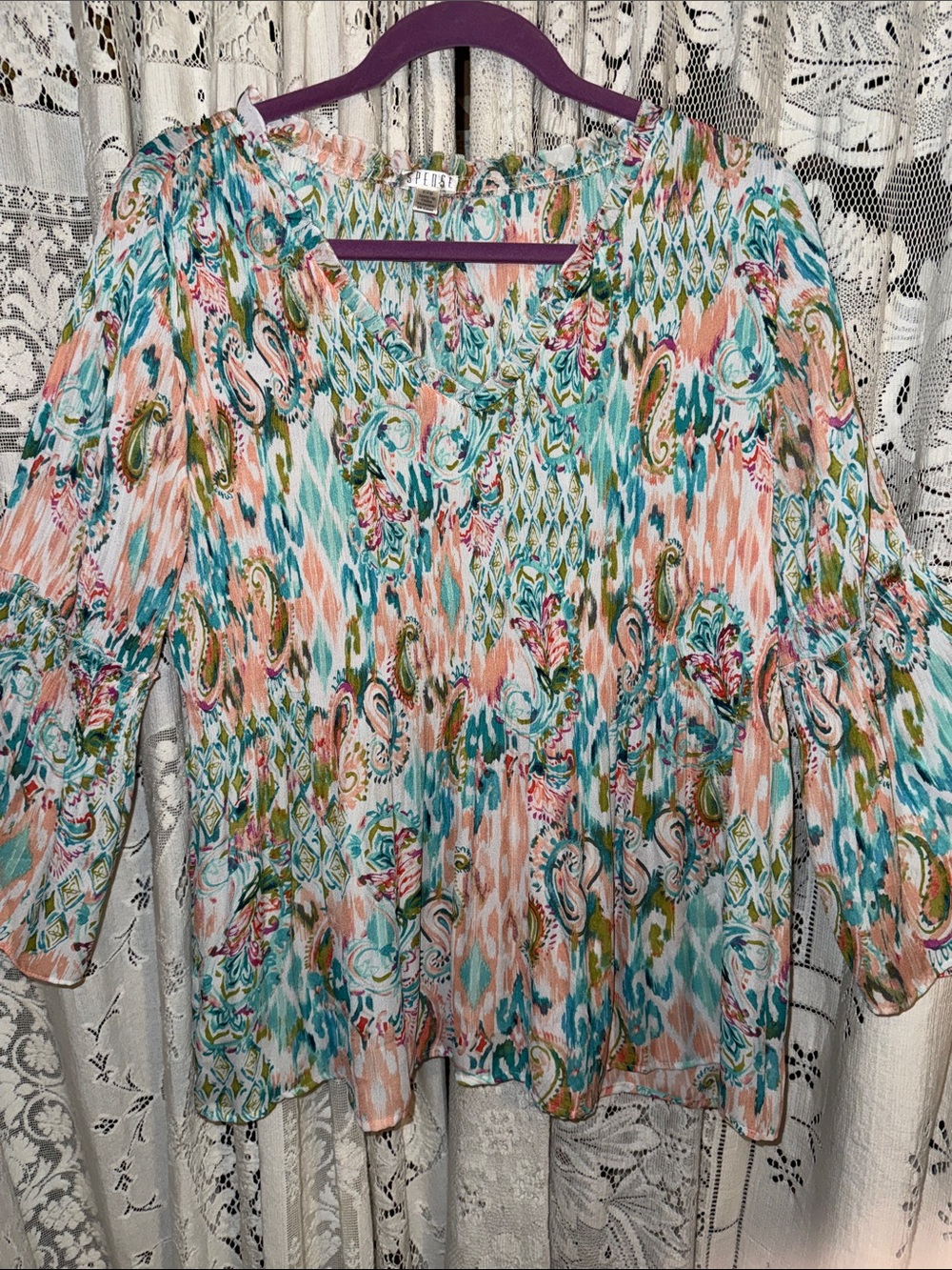 Spense Multicolor Floral Paisley Peasant Blouse - Teal & Coral